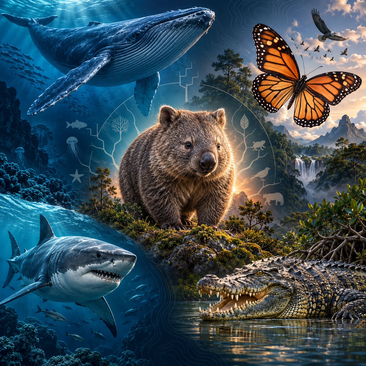 Editorial wildlife collage with a whale, butterfly, wombat, shark and crocodile; not provider media or an application screen